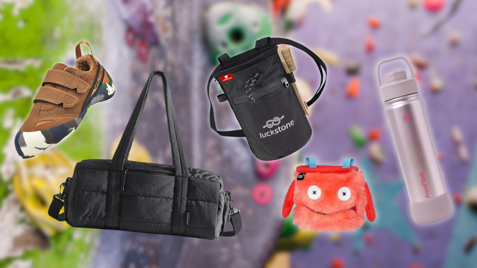 Bouldering shoes, chalk bag, gym bag, funky chalk bag, and flask or bottle or tumbler for indoor rock climbing