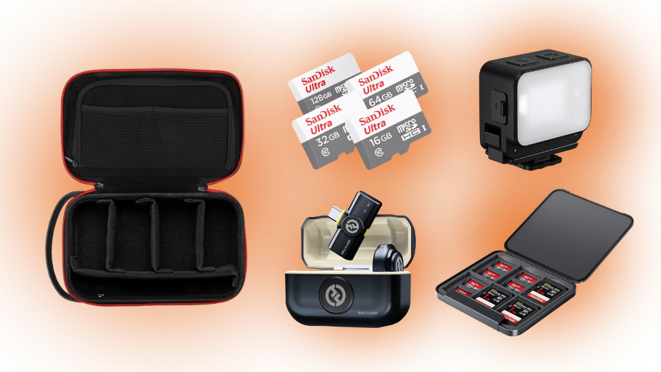 camera equipment such as camera bag, light, sd card, and memory card case
